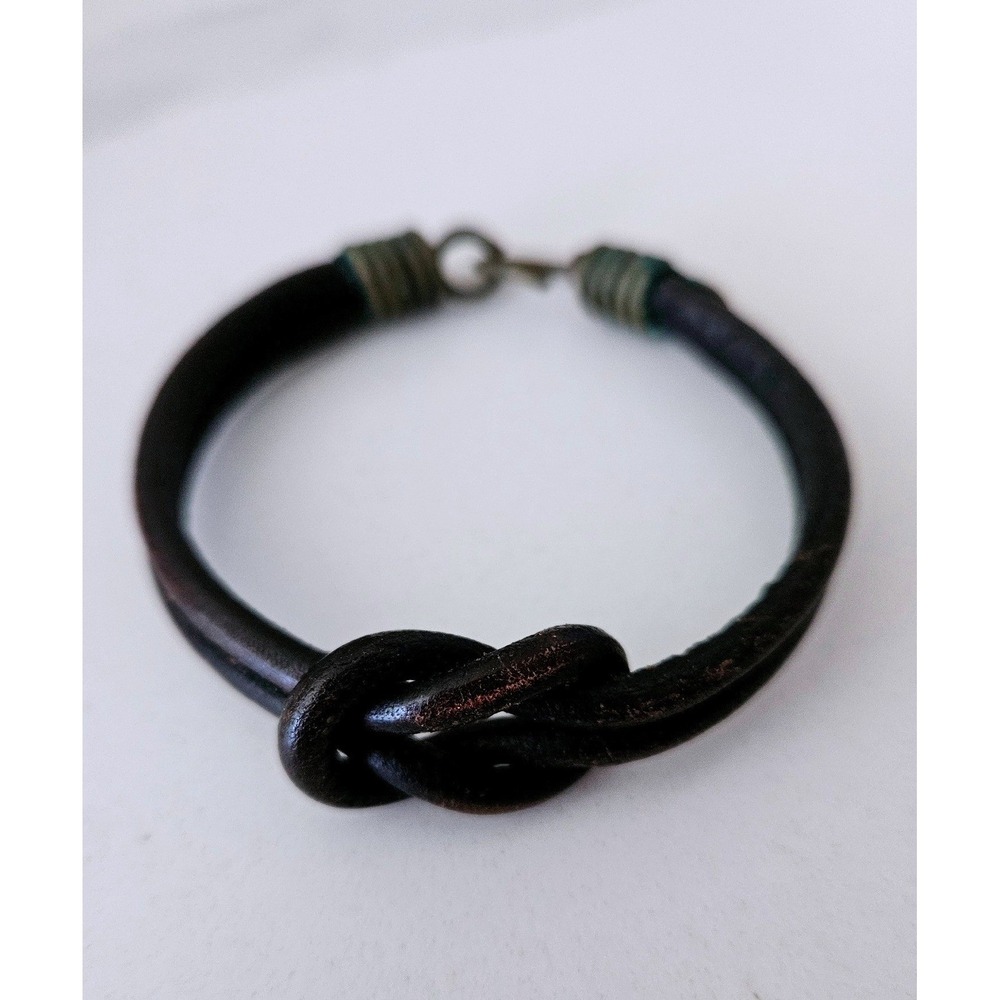 Leather Knot Bracelet Brass Wire Wrapped Hook Clasp Rustic Boho Unisex Vintage